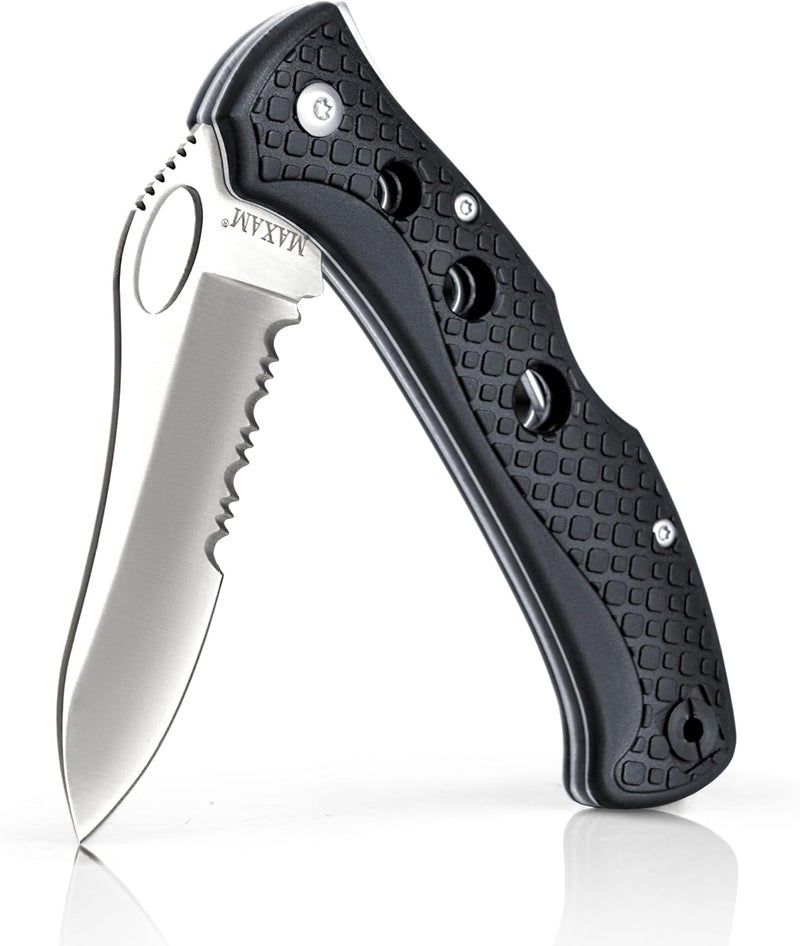 Maxam 5" Saltwater Knife - Rust-Proof German Stainless Steel Serrated Blade with Black Handle, Reversible Pocket Clip, Lanyard Hole - Ideal for Salt & Fresh Water, Fishing Outdoor Use - Image 1